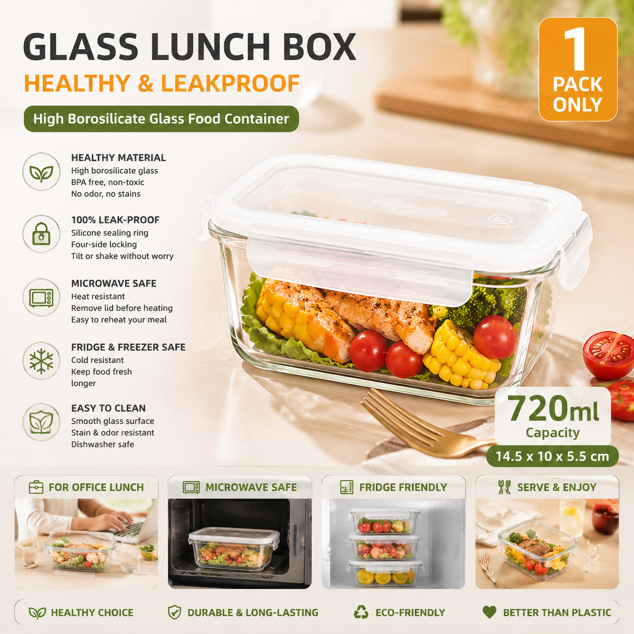 Meal Prep For Office - High Borosilicate Glass Lunch Box Leakproof