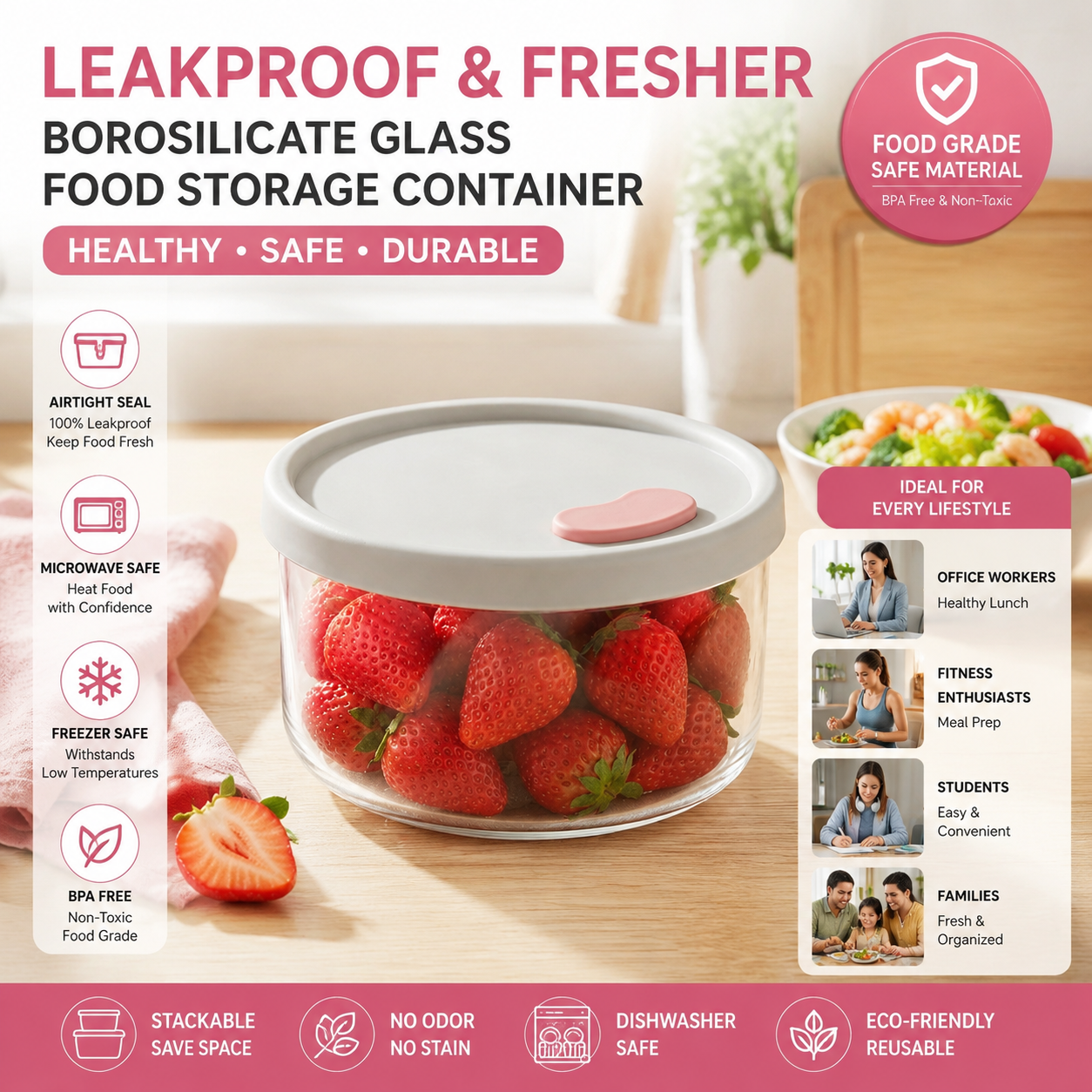 Meal Prep For Office - Single Round Borosilicate Glass Food Storage