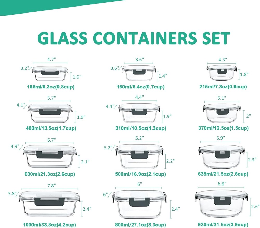 24-Piece Glass Food Storage Co - огляд і ціна Meal Prep Glass Containers Oven Safe